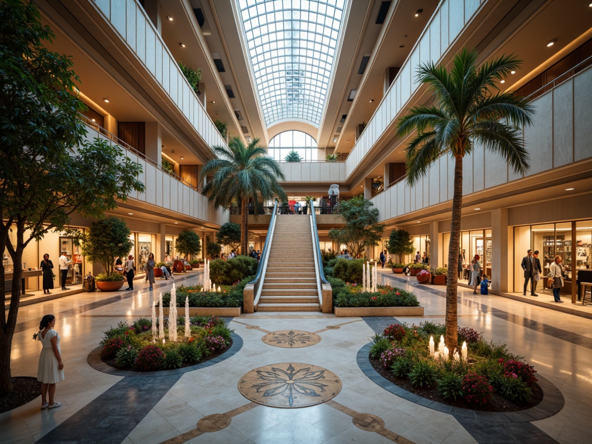 Prompt: Luxurious shopping mall, grand atrium, ornate chandeliers, intricately patterned marble floors, sleek escalators, elegant staircases, lavish fountains, tropical indoor gardens, vibrant flower arrangements, upscale retail stores, refined architectural lines, sophisticated color schemes, dramatic ceiling heights, warm ambient lighting, soft focus photography, 1/1 composition, realistic reflections, detailed textures.