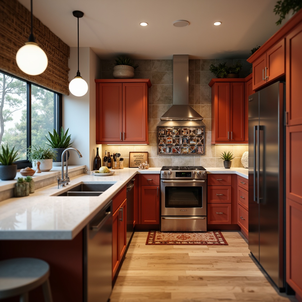 Prompt: Vibrant kitchen interior, modern cabinetry, sleek countertops, stainless steel appliances, decorative range hood, elegant pendant lights, warm wood flooring, earthy tone backsplash, glass tile mosaics, natural stone textures, subtle sheen finish, ambient lighting, shallow depth of field, 1/2 composition, realistic renderings.