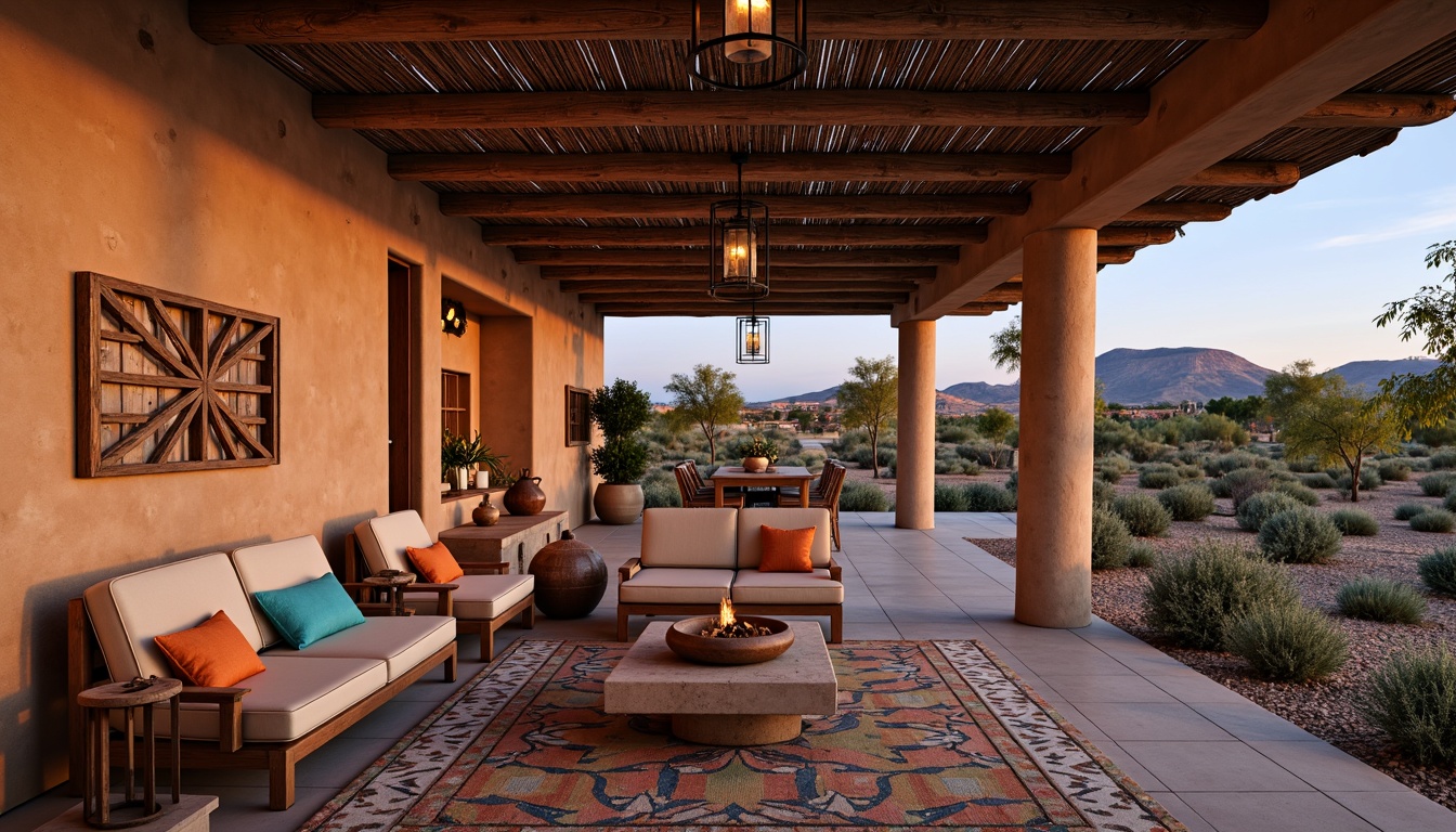 Prompt: Southwestern adobe architecture, warm earthy tones, rustic wooden accents, vintage metal lanterns, distressed finishes, natural textiles, woven baskets, geometric patterns, colorful tiles, bold ceramic vases, arid desert landscape, clear blue skies, dramatic sunsets, soft warm glow, ambient lighting, pendant lanterns, wrought iron chandeliers, kiva fireplaces, candles, torches, rustic wooden beams, earthy terracotta pots, vibrant turquoise accents.