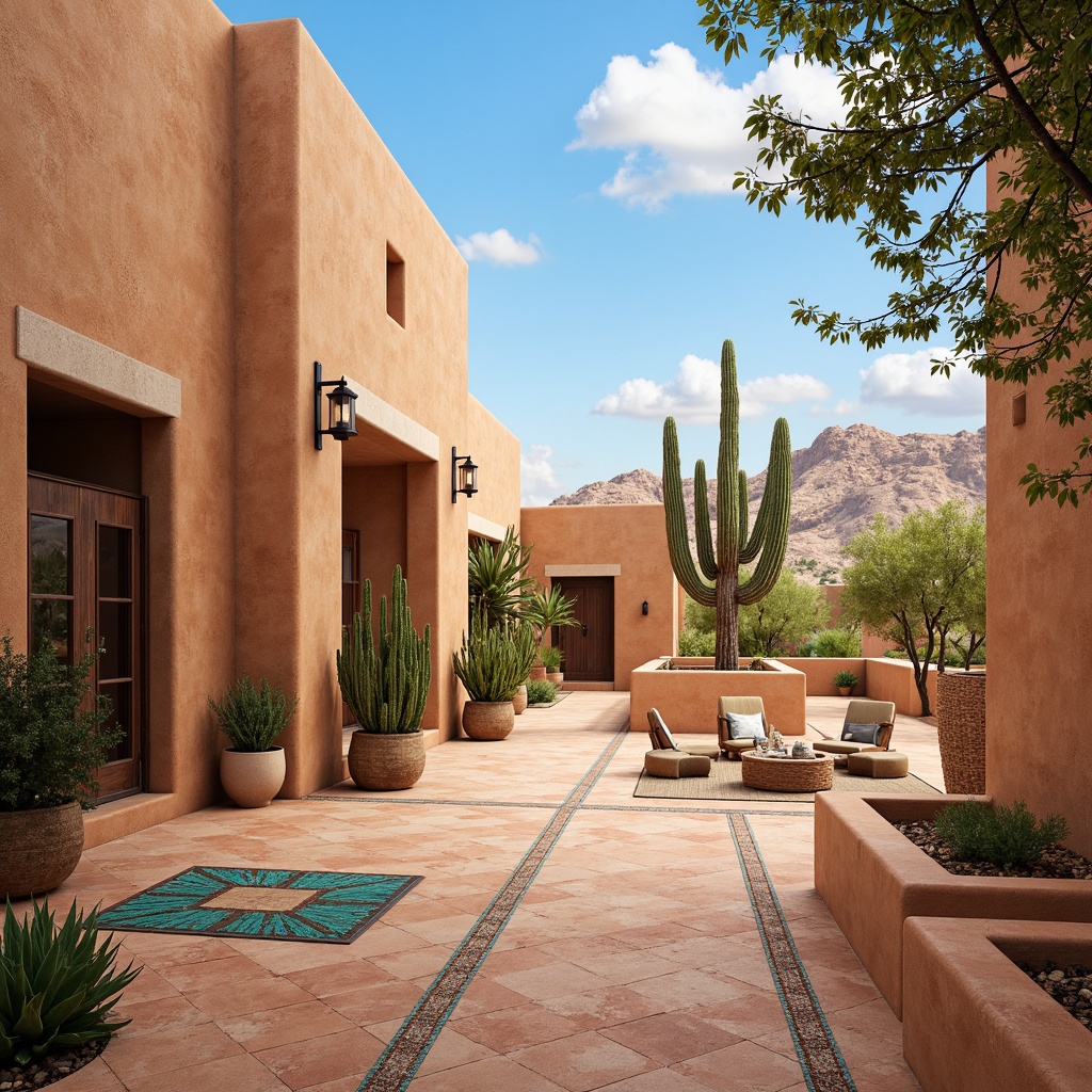 Prompt: Earth-toned tiles, terracotta flooring, rustic stone walls, woven textile patterns, vibrant turquoise accents, geometric Aztec-inspired designs, desert landscape background, warm sandy dunes, cactus silhouettes, clear blue sky, southwestern architectural style, adobe buildings, stucco finishes, earthy color palette, natural materials, organic textures, shallow depth of field, 3/4 composition, realistic rendering.