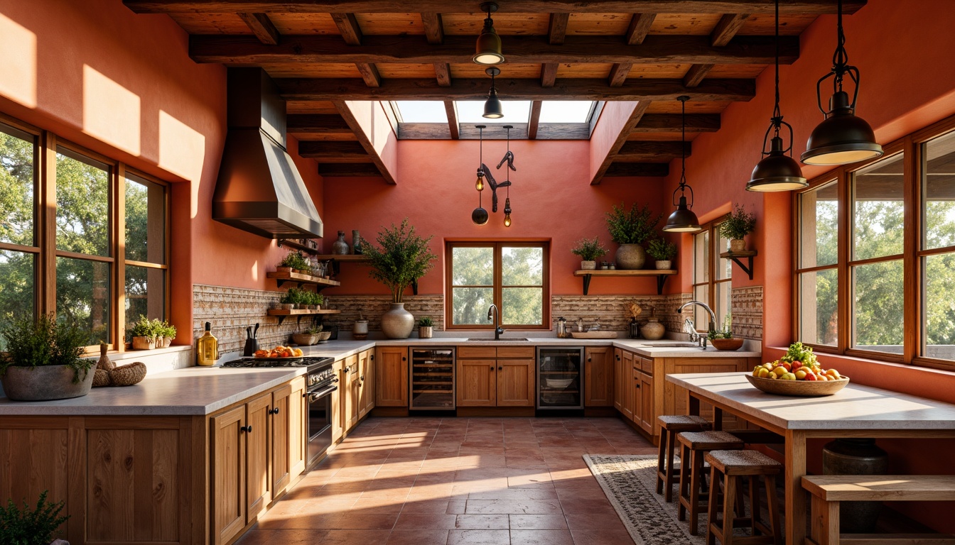 Prompt: Vibrant southwestern kitchen, warm terracotta walls, rustic wooden cabinets, earthy ceramic tiles, pendant lanterns, candlelight ambiance, soft warm glow, afternoon sunlight, clerestory windows, skylights, ambient shadows, recessed lighting, under-cabinet illumination, natural stone countertops, woven textiles, tribal-inspired patterns, rich wood tones, cozy breakfast nook, large island workstation, pendant lighting fixtures, industrial-chic metal shades.