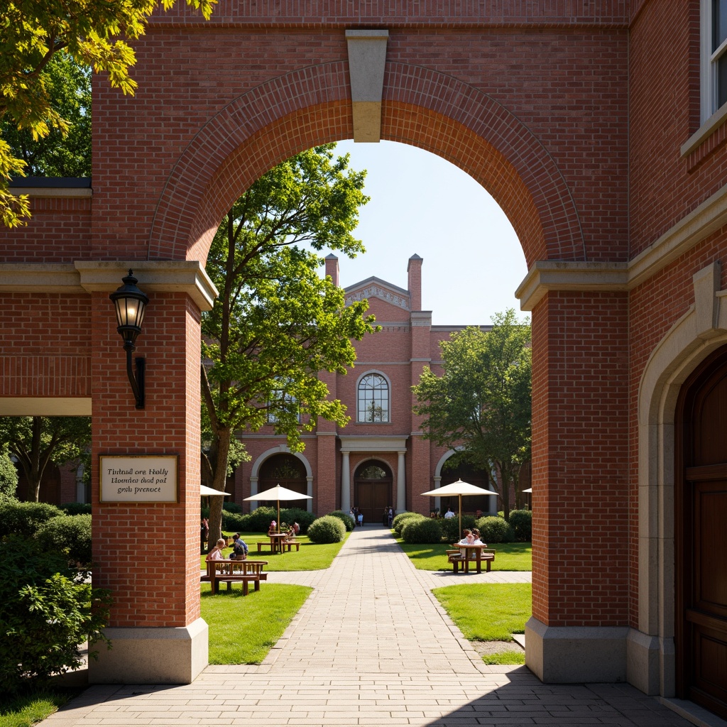 Prompt: Rustic brick buildings, grand entrance archways, ornate stone carvings, vintage lanterns, wooden accents, sprawling green lawns, meandering pathways, mature trees, educational signage, outdoor seating areas, classical columns, intricate stonework, warm golden lighting, shallow depth of field, 1/2 composition, realistic textures, ambient occlusion.