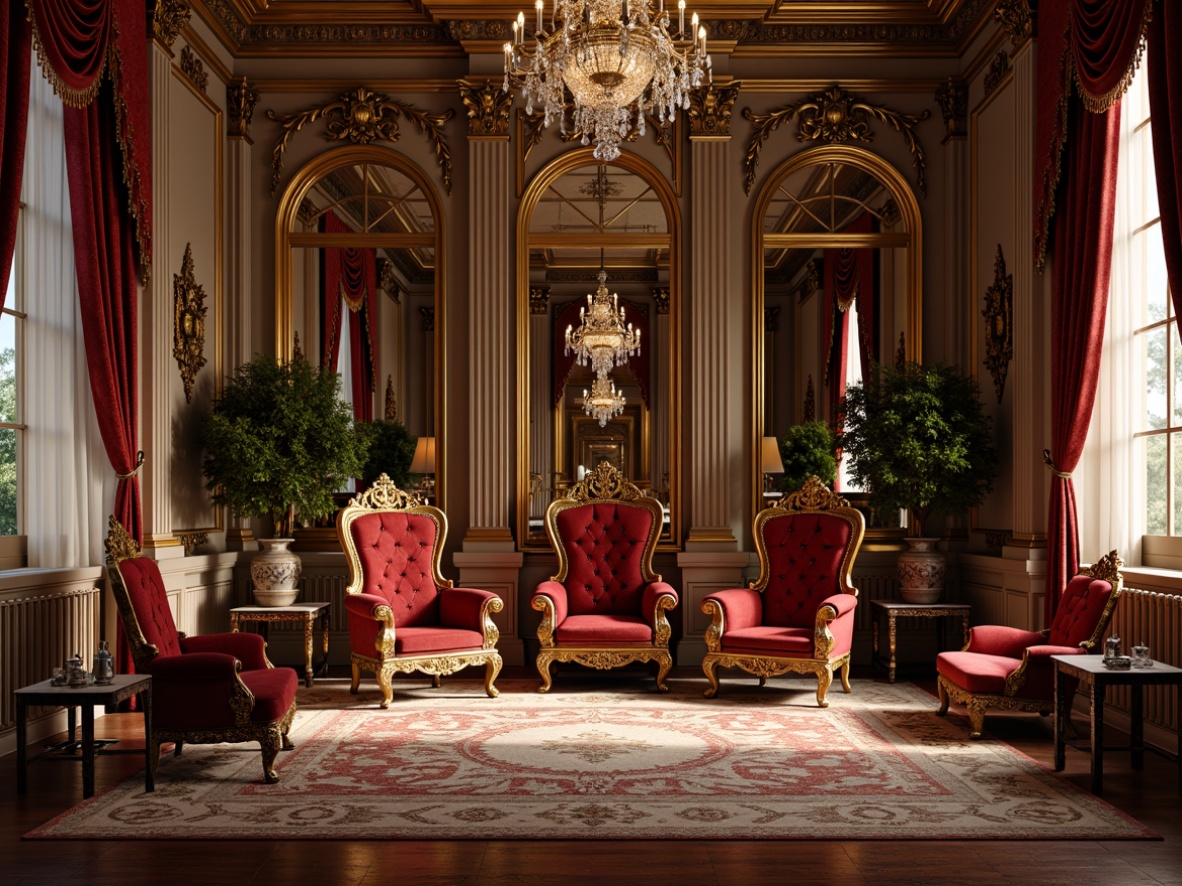 Prompt: Ornate throne chairs, velvet upholstery, gilded carvings, intricately patterned rugs, luxurious drapery, crystal chandeliers, ornamental mirrors, richly polished wood, curved legs, scrolled armrests, tufted ottomans, lavish fabrics, golden accents, majestic proportions, grandiose scale, symmetrical composition, warm soft lighting, shallow depth of field, 1/1 aspect ratio, highly detailed textures, ambient occlusion.