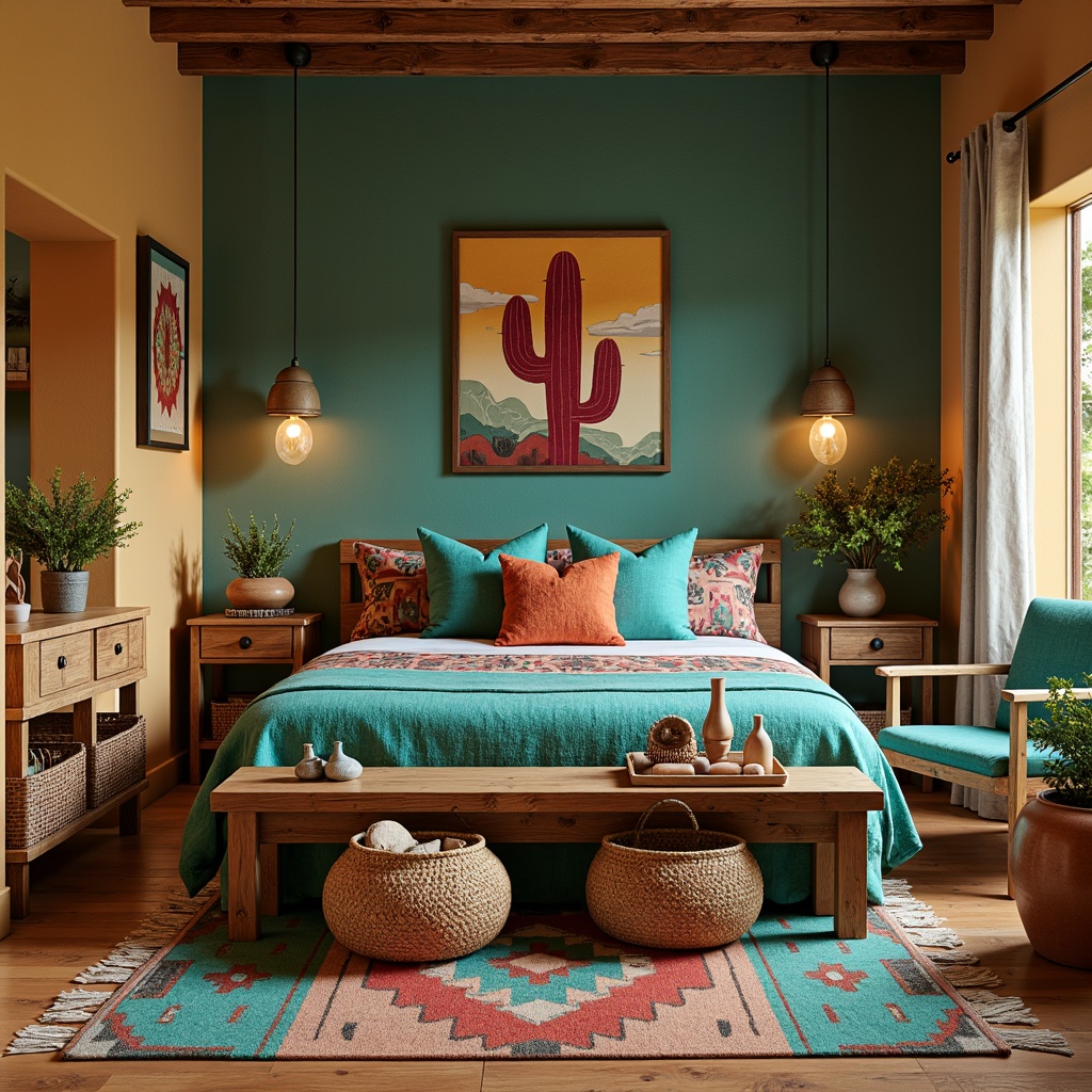 Prompt: Vibrant turquoise accents, rustic wooden furniture, woven Navajo-inspired rugs, plush cactus-shaped pillows, desert-themed wall art, colorful terra cotta vases, woven basket storage, reclaimed wood shelving, earthy clay pottery, natural fiber textiles, Southwestern patterned bedding, warm golden lighting, cozy reading nook, 1/1 composition, shallow depth of field, soft focus blur, inviting atmosphere.