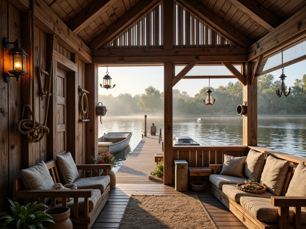 Prompt: Whimsical boathouse, rustic wooden docks, nautical ropes, vintage anchors, distressed finishes, cozy lanterns, plush cushions, woven textiles, natural wood accents, lakefront scenery, serene water reflections, misty morning atmosphere, warm golden lighting, shallow depth of field, 1/2 composition, intimate framing, realistic water ripples, ambient occlusion.