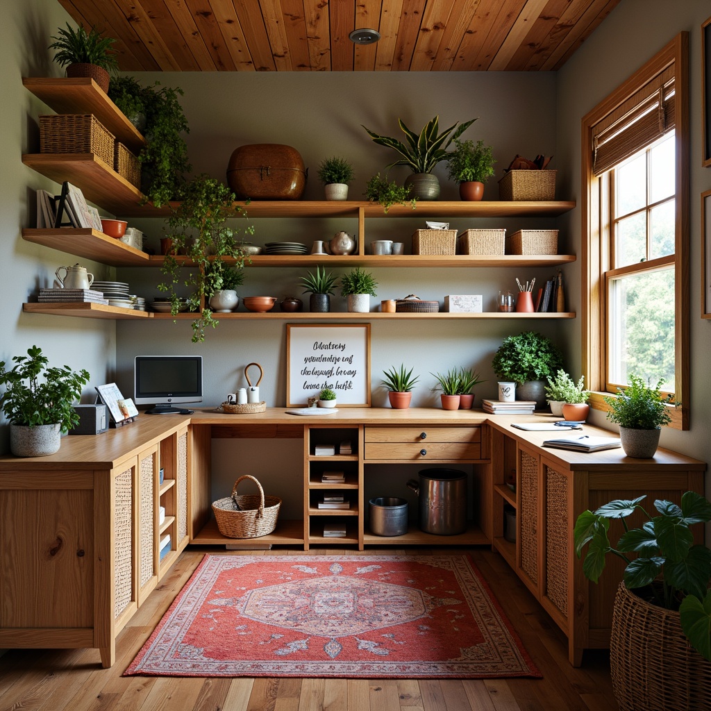 Prompt: Cozy crafting nook, wooden shelves, woven baskets, rattan storage units, ceramic jars, metal organizers, vibrant colored bins, natural fiber rugs, earthy toned walls, warm soft lighting, shallow depth of field, 1/1 composition, realistic textures, ambient occlusion, well-organized workspaces, ample counter space, efficient drawer systems, adjustable shelving, decorative paper rolls, inspirational quotes, framed artwork, lush green plants.