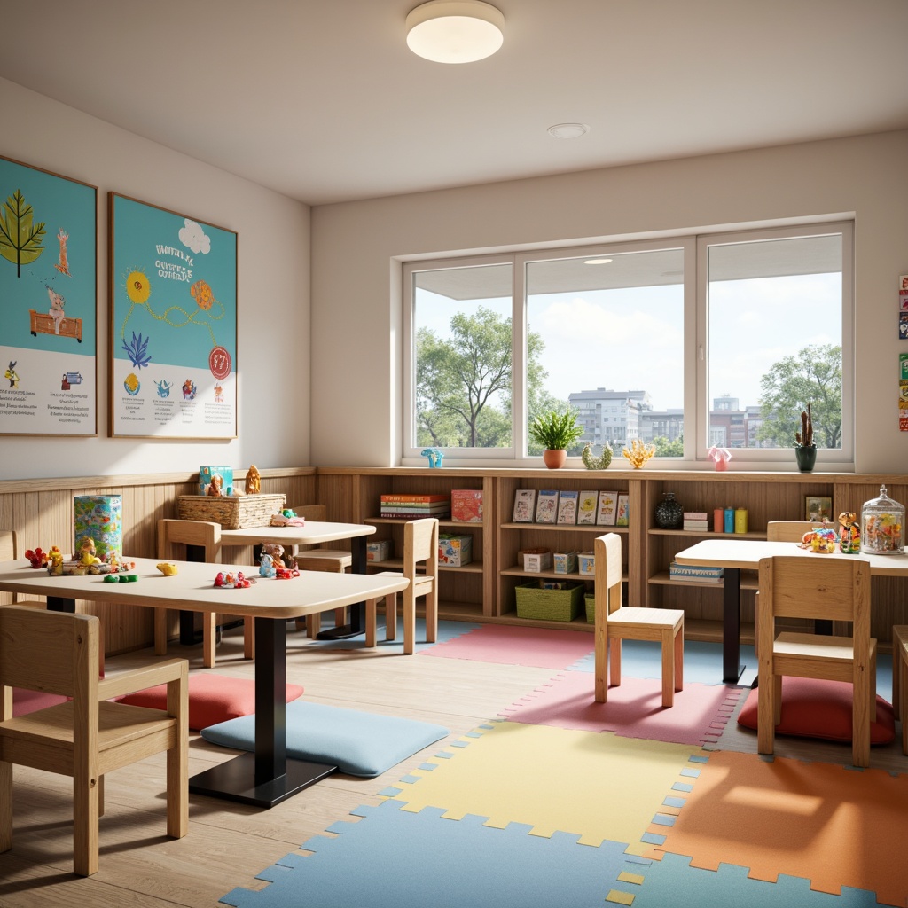 Prompt: Vibrant kindergarten, colorful blocks, playful toy storage, ergonomic chairs, adjustable desks, interactive whiteboards, educational posters, cozy reading nooks, soft cushions, natural wood accents, rounded edges, sturdy legs, bright overhead lighting, warm pastel colors, shallow depth of field, 1/1 composition, realistic textures, ambient occlusion.