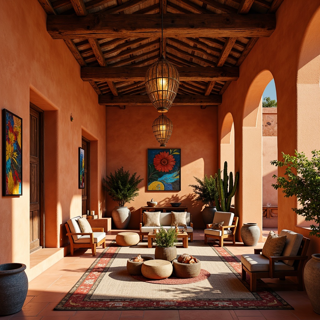 Prompt: Vibrant southwestern decor, earthy tones, warm terracotta walls, rustic wooden beams, woven textiles, colorful ceramics, pendant lanterns, wrought iron chandeliers, natural linen shades, bronze metal accents, warm ambient lighting, soft golden glow, layered lighting effects, 3/4 composition, shallow depth of field, realistic textures, ambient occlusion.