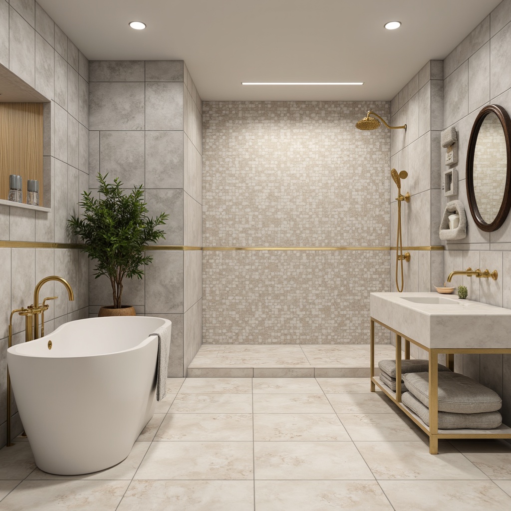 Prompt: Transitional style bathroom, elegant tile mosaics, creamy white marble floors, soft gray walls, ornate golden fixtures, freestanding tubs, rainfall showerheads, LED lighting, warm beige tones, natural stone accents, textured glass tiles, hexagonal patterns, herringbone designs, subtle contrast, 3/4 composition, shallow depth of field, realistic textures, ambient occlusion.