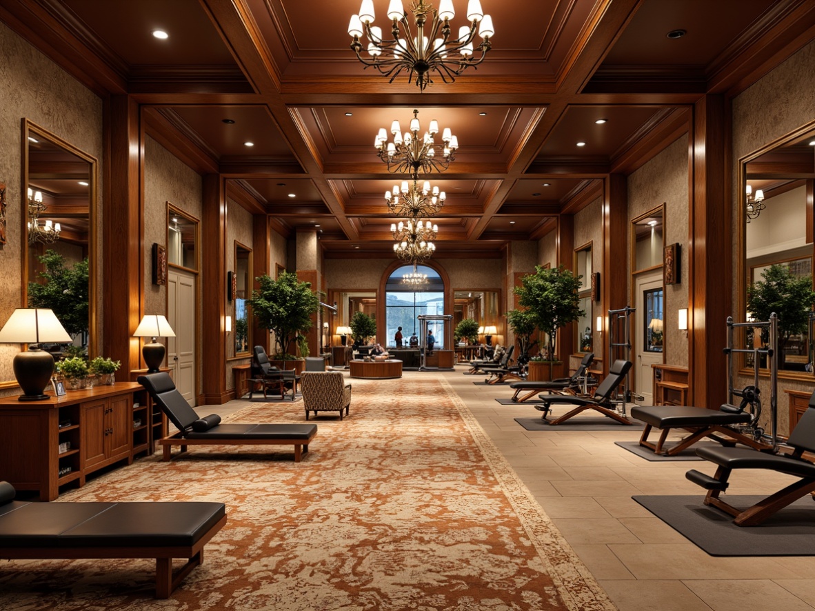 Prompt: Elegant fitness club interior, rich wood tones, ornate mirrors, luxurious carpets, traditional architecture, grand chandeliers, high ceilings, spacious workout areas, state-of-the-art equipment, free weights, cardio machines, strength training zones, group fitness studios, yoga rooms, Pilates reformers, locker rooms, saunas, steam rooms, relaxation lounges, natural stone walls, warm ambient lighting, 1/1 composition, shallow depth of field, soft focus, realistic textures.