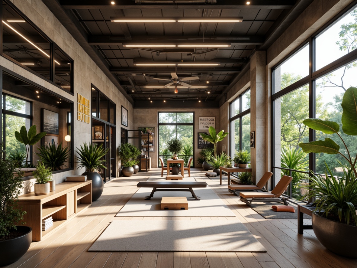 Prompt: Modern home gym, sleek fitness equipment, polished metal frames, vibrant color accents, motivational quotes, reclaimed wood flooring, natural stone walls, large mirrors, high ceilings, abundant natural light, refreshing greenery, tropical plants, industrial-chic lighting fixtures, minimalist decor, ergonomic benches, functional shelving units, textured area rugs, calming neutral tones, 1/1 composition, softbox lighting, realistic reflections.