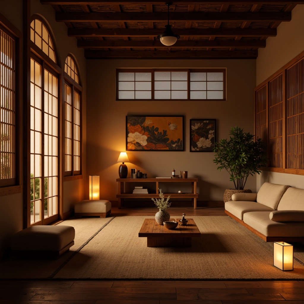 Prompt: Warm Asian-style interior, traditional lanterns, soft warm lighting, paper lanterns, natural materials, wooden accents, bamboo furniture, intricately carved wooden panels, sliding shoji screens, rice paper windows, minimalist decor, subtle color palette, earthy tones, gentle shadows, 1/1 composition, shallow depth of field, realistic textures, ambient occlusion.