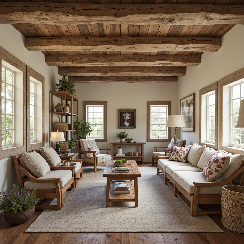 Prompt: Rustic farmhouse, earthy tones, weathered wood accents, vintage metal decor, soft natural lighting, warm beige walls, distressed finishes, country-inspired furnishings, floral patterns, muted pastels, creamy whites, rich wood grains, natural textiles, cozy atmosphere, warm neutral colors, classic country charm.