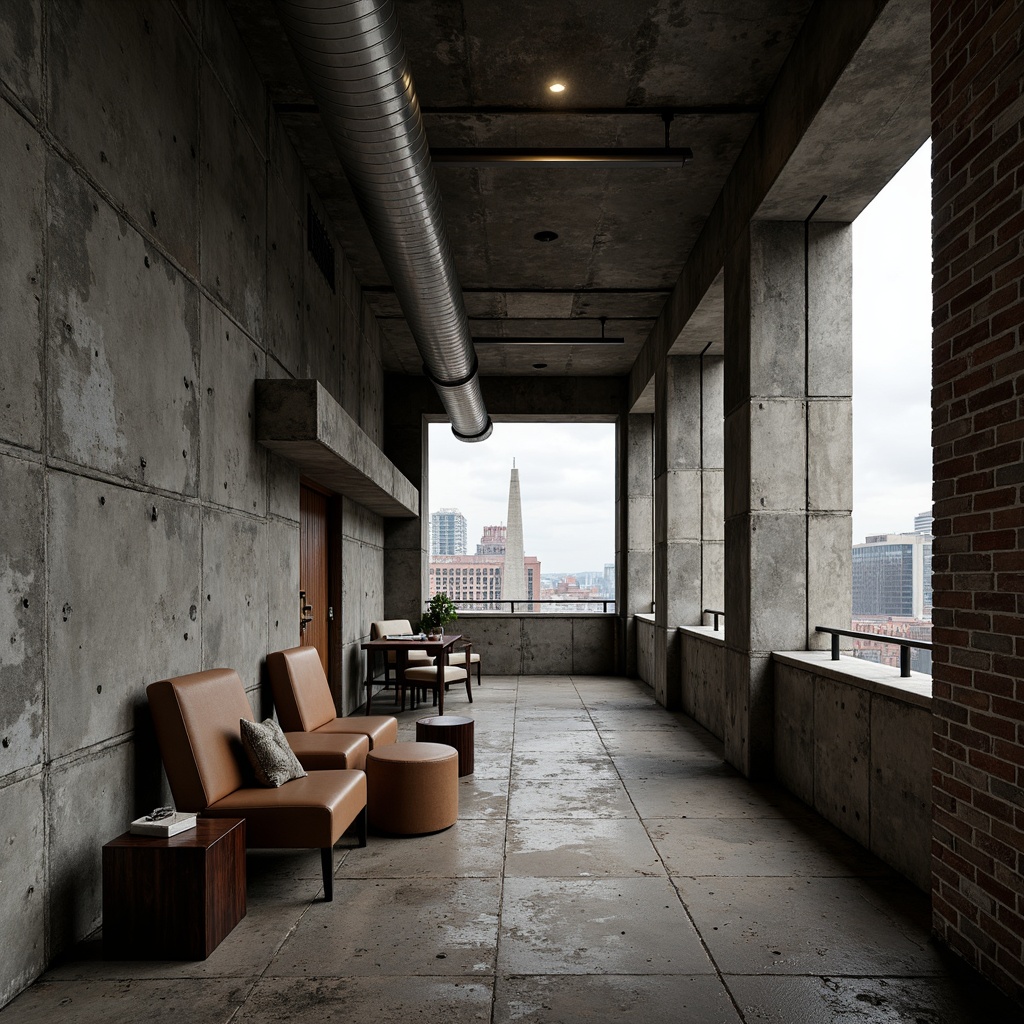 Prompt: Rough concrete walls, exposed ductwork, industrial pipes, brutalist architecture, raw metal beams, weathered wooden planks, coarse stone surfaces, rugged brick facades, distressed leather upholstery, cold steel railings, minimalist decor, urban cityscape, overcast sky, dramatic shadows, high-contrast lighting, shallow depth of field, 2/3 composition, cinematic angle, gritty realistic textures, ambient occlusion.