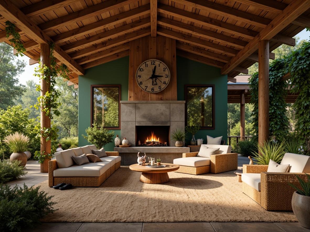 Prompt: Earth-toned cabin, reclaimed wood accents, living green walls, natural stone fireplaces, woven bamboo furniture, jute rug, earthy color palette, organic shapes, rustic metal decor, vines crawling up exterior walls, lush forest surroundings, warm sunny afternoon, soft diffused lighting, 1/2 composition, intimate atmosphere, realistic textures, ambient occlusion.