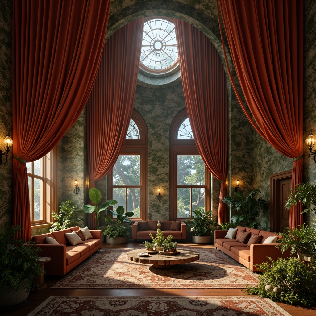 Prompt: Rich velvet drapery, ornate metalwork, earthy terracotta tones, mossy stone walls, warm golden lighting, luxurious wood accents, flowing organic lines, sinuous botanical patterns, stained glass windows, antique bronze fixtures, mystical ambiance, dimly lit spaces, atmospheric fog effects, 1/1 composition, soft focus, muted color harmony.