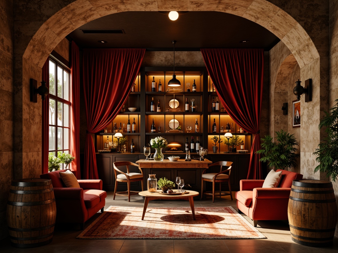 Prompt: Elegant wine cellar, rich wood tones, dark stone walls, luxurious velvet drapes, subtle earthy scent, warm golden lighting, dimmed ambiance, sophisticated furniture, ornate metalwork, vintage wine barrels, rustic wooden crates, deep crimson reds, burnt orange hues, mossy greens, creamy whites, weathered copper accents, soft shadows, dramatic chiaroscuro, atmospheric misting effect.