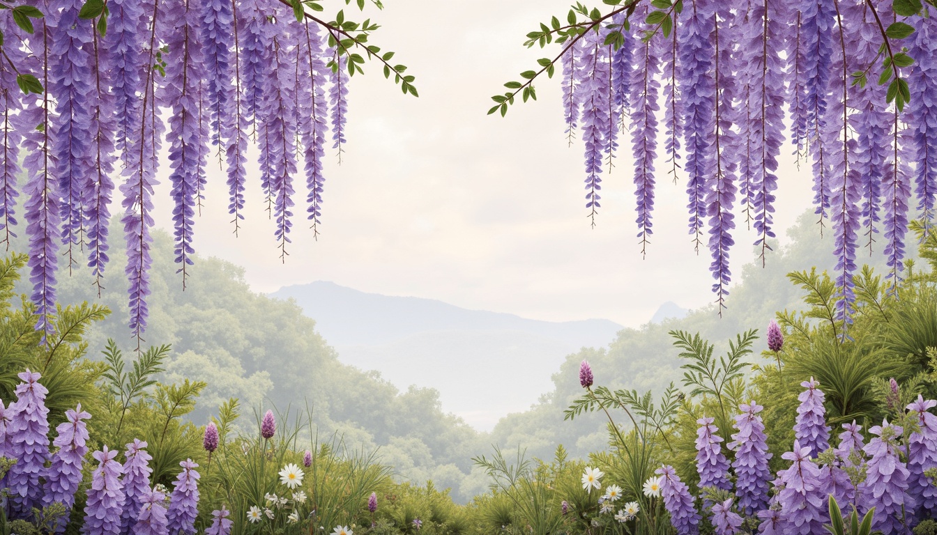 Prompt: Delicate wisteria flowers, soft lavender hues, pale purple shades, gentle pastel colors, whimsical garden scenery, lush greenery, vintage-inspired botanical illustrations, distressed textures, watercolor effects, dreamy atmosphere, warm natural light, subtle shadows, 1/2 composition, intimate close-up shots, realistic renderings, ambient occlusion.