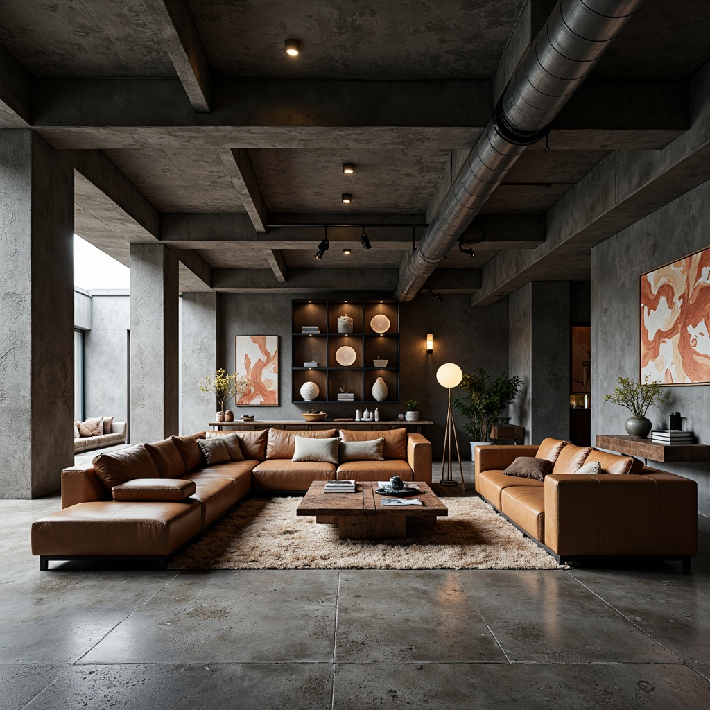 Prompt: Rugged brutalist interior, industrial-style furniture, minimalist decor, cold concrete floors, raw steel beams, exposed ductwork, bold geometric shapes, chunky wooden accents, distressed leather upholstery, functional metal lighting, moody atmospheric illumination, shallow depth of field, 1/2 composition, cinematic perspective, realistic textures, ambient occlusion.