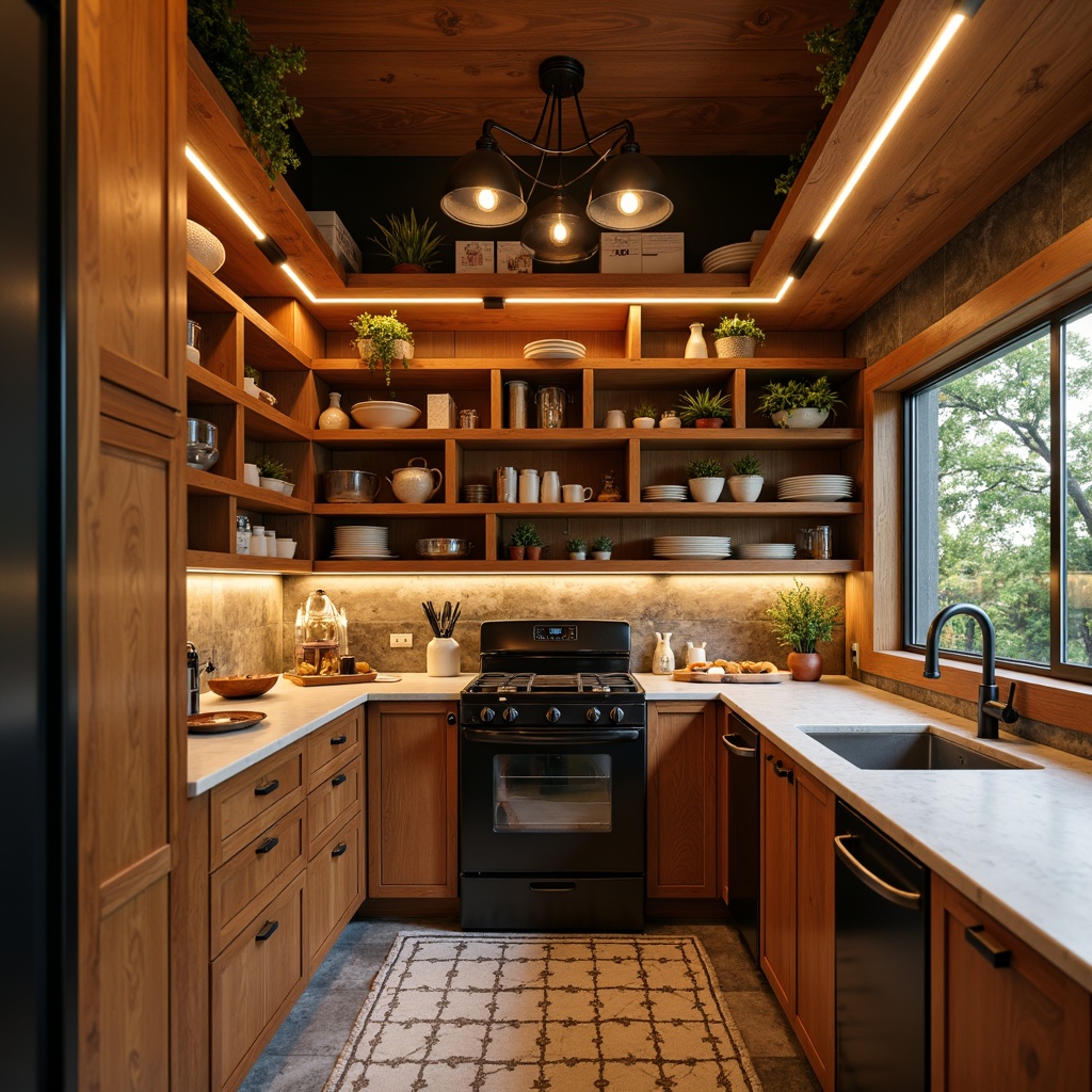 Prompt: Mid-century modern pantry, warm wood tones, sleek cabinetry, retro-style appliances, pendant lighting fixtures, industrial metal shades, Edison bulbs, geometric patterns, natural stone countertops, matte black hardware, soft warm glow, cozy atmosphere, 3/4 composition, shallow depth of field, realistic textures, ambient occlusion.