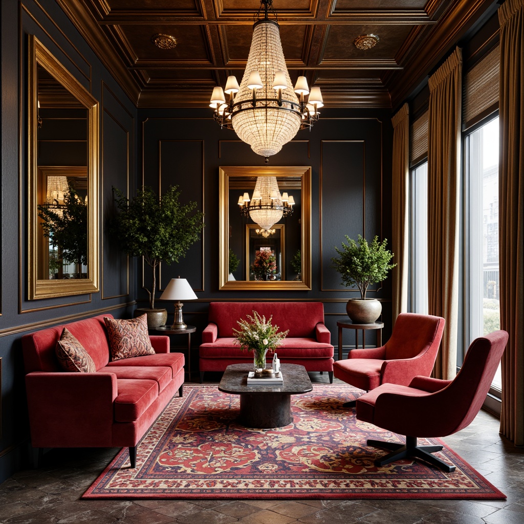 Prompt: Luxurious velvet sofas, ornate metal frames, geometric patterned rugs, opulent chandeliers, polished marble tables, curved wooden chairs, bold colorful accents, lavish drapery, intricate inlays, metallic leaf motifs, sunburst mirrors, hexagonal tiles, rich jewel tones, sophisticated ambiance, high-contrast lighting, dramatic shadows, 1/1 composition, ornate details, realistic reflections, ambient occlusion.