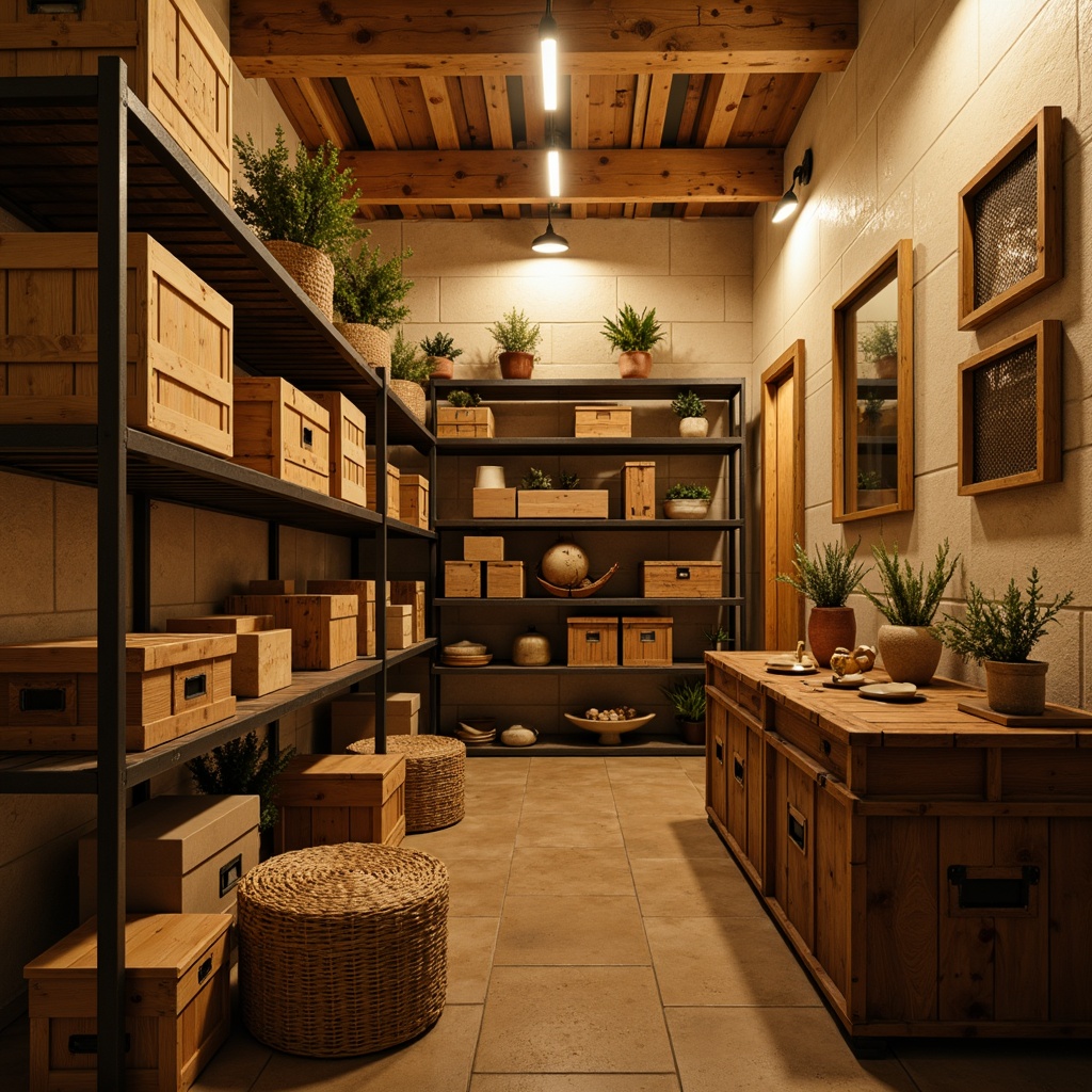 Prompt: Cozy storage room, warm beige walls, rustic wooden crates, industrial metal shelves, vintage trunks, soft golden lighting, earthy brown floors, natural stone accents, minimalist decor, functional design, ample storage space, organized systems, calm atmosphere, subtle color contrasts, 1/2 composition, realistic textures, ambient occlusion.