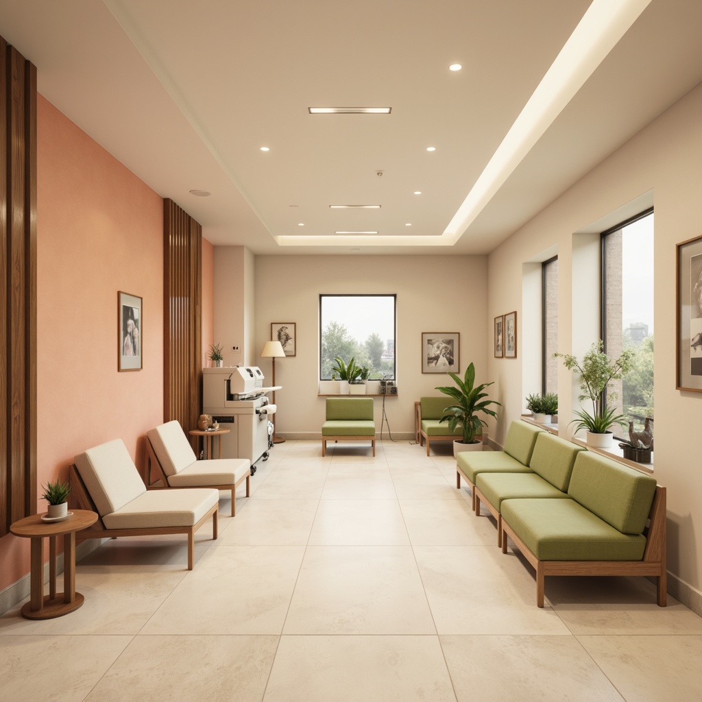 Prompt: Soft peach walls, calming beige floors, soothing sage green accents, natural wood tones, subtle cream textures, sterile white surfaces, minimalist chrome fixtures, gentle LED lighting, peaceful waiting areas, comfortable patient seating, modern medical equipment, private consultation rooms, warm neutral color schemes, soft focus photography, shallow depth of field, 1/2 composition, realistic ambient occlusion.