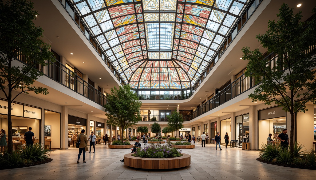 Prompt: Vibrant shopping mall atrium, stained glass ceiling, kaleidoscope colors, intricate geometric patterns, ornate metal frames, natural light filtering, soft warm ambiance, busy pedestrian traffic, upscale retail stores, modern architecture, sleek lines, polished marble floors, lush greenery, tropical plants, comfortable seating areas, ambient music, shallow depth of field, 1/1 composition, realistic textures, warm color palette.