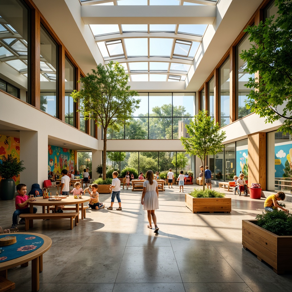 Prompt: Vibrant kindergarten interior, large windows, transparent glass walls, skylights, clerestory windows, natural stone flooring, wooden furniture, colorful textiles, educational toys, playful murals, greenery planters, soft warm lighting, shallow depth of field, 3/4 composition, panoramic view, realistic textures, ambient occlusion.