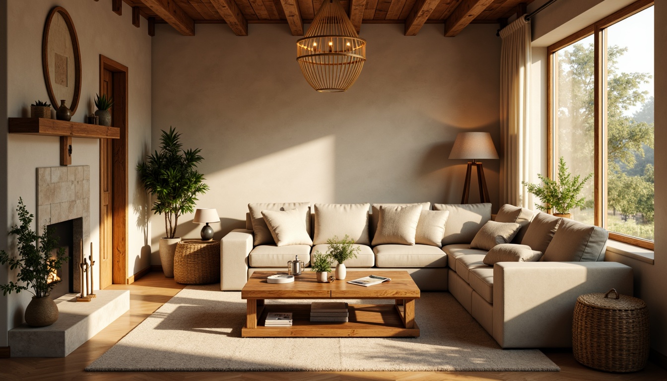 Prompt: Cozy living room, warm beige walls, comfortable sofa, rustic wooden coffee table, soft cushions, elegant chandelier, ambient warm lighting, table lamps, floor lamps, dimmable LED lights, natural textures, woven baskets, potted plants, subtle color palette, calming atmosphere, relaxing ambiance, warm sunny afternoon, shallow depth of field, 1/1 composition, realistic renderings, advanced global illumination.