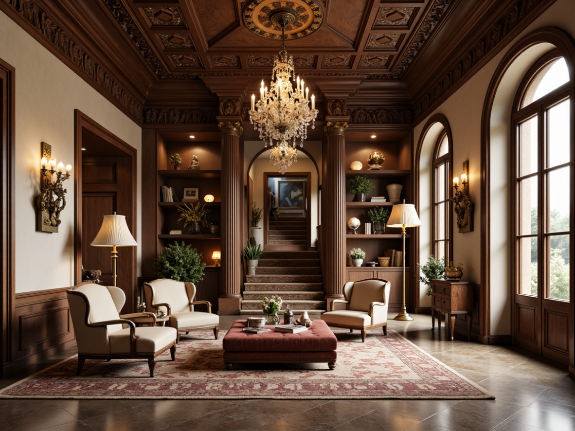 Prompt: Luxurious villa interior, neoclassical style furniture, ornate carvings, gilded accents, velvet upholstery, rich wood tones, marble floors, crystal chandeliers, intricate moldings, soft warm lighting, elegant proportions, symmetrical compositions, refined textures, subtle color palette, sophisticated ambiance, opulent fabrics, antique pieces, classic columns, arched windows, grand staircase, lavish decor, sophisticated furnishings.