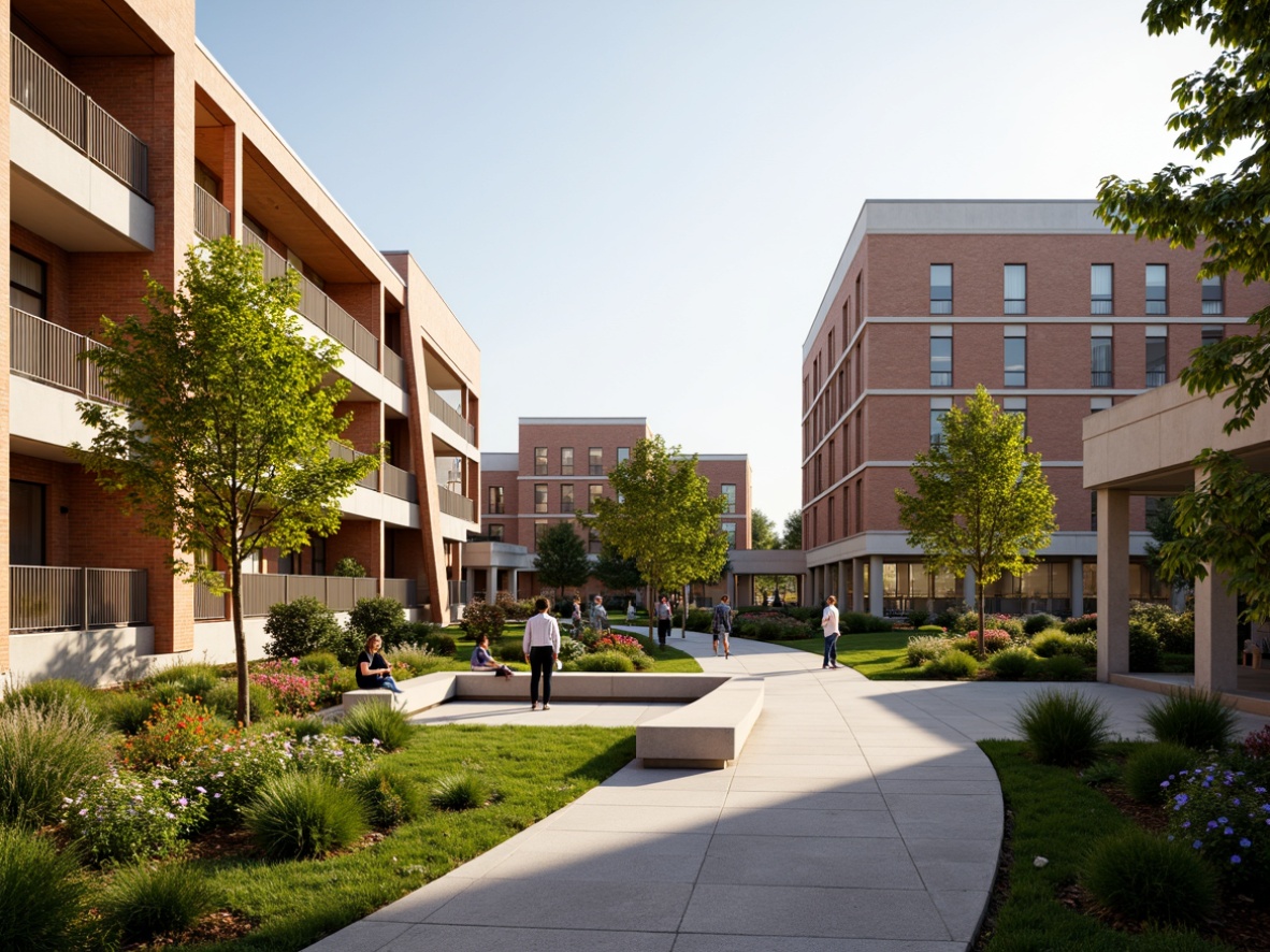 Prompt: Vibrant university campus, modern academic buildings, warm beige stonework, rich wood accents, bold red brick fa\u00e7ades, sleek metal railings, lush green quadrangles, blooming flowers, educational signage, natural stone walkways, comfortable seating areas, collaborative learning spaces, innovative technology integration, soft warm lighting, shallow depth of field, 3/4 composition, panoramic view, realistic textures, ambient occlusion.