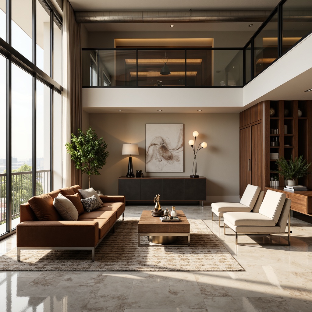 Prompt: Luxurious living room, polished marble floors, sleek low-profile sofas, velvet upholstery, metallic accents, minimalist coffee tables, geometric-patterned rugs, floor-to-ceiling windows, sheer curtains, ambient lighting, warm beige walls, rich walnut wood cabinets, matte black metal frames, soft cream-colored leather armchairs, natural fiber textiles, industrial-chic exposed ducts, modern abstract artwork, urban loft-inspired decor, softbox lighting, 1/2 composition, cinematic perspective.