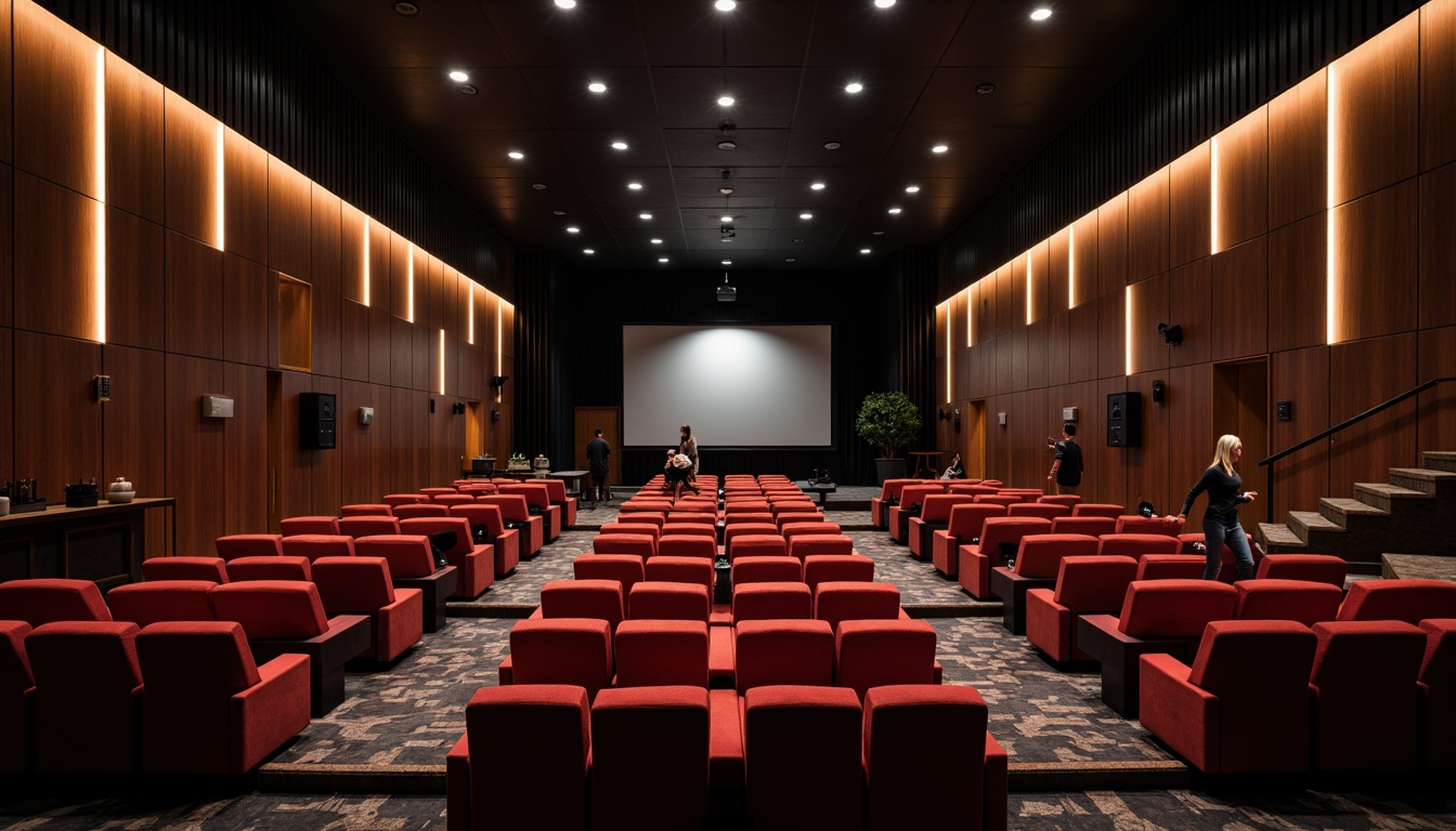 Prompt: Modern cinema interior, sleek curved lines, luxurious velvet seats, darkened auditorium, massive silver screen, optimal screen placement, cinematic sound systems, ambient LED lighting, plush carpets, minimalist decor, futuristic projection technology, high-contrast ratio, immersive audio experience, stadium-style seating, ergonomic chair design, acoustic paneling, rich wood accents, state-of-the-art audiovisual equipment, grand entrance lobby, dramatic staircases, warm golden lighting, 3/4 composition, shallow depth of field, cinematic framing.