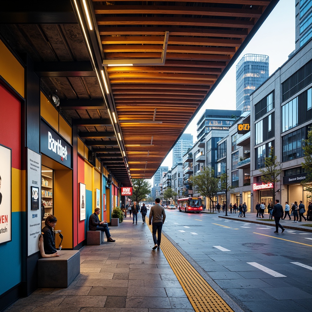 Prompt: Vibrant bus station, modern architecture, bold color blocking, bright signage, dynamic LED lighting, sleek metal accents, industrial materials, urban landscape, busy city streets, rush hour atmosphere, warm and inviting ambiance, contrasting colors, high-visibility branding, clear wayfinding, intuitive navigation, accessible design, comfortable seating areas, natural stone flooring, acoustic ceiling panels, energy-efficient systems, sustainable design elements.