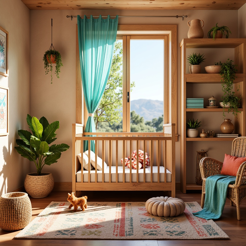 Prompt: Vibrant southwestern baby room, warm beige walls, turquoise accents, plush area rug, natural wood crib, woven wicker furniture, soft pastel textiles, colorful geometric patterns, embroidered tribal motifs, cozy throw blankets, rustic wooden shelves, earthy terracotta pots, lush green plants, warm sunny day, shallow depth of field, 1/1 composition, intimate close-up shots, realistic textures, ambient occlusion.