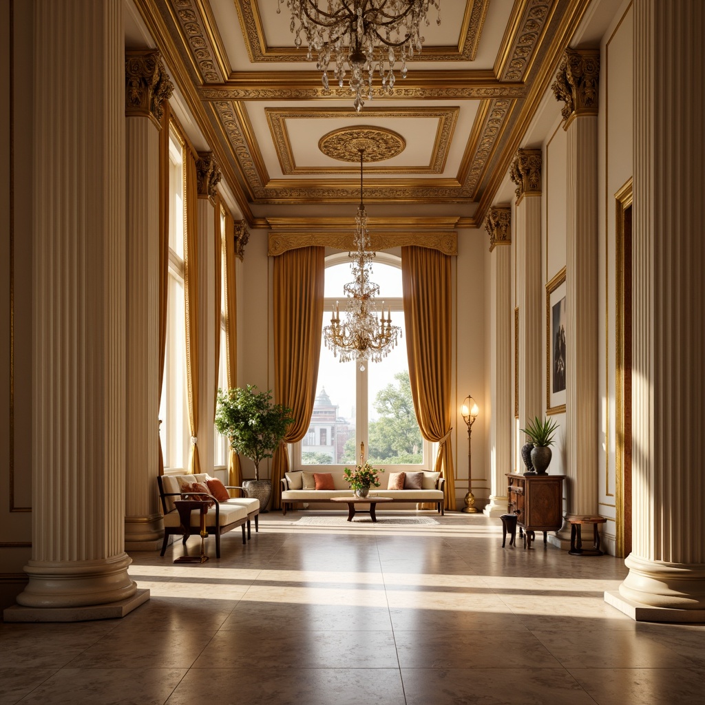 Prompt: Elegant neoclassical interior, ornate chandeliers, crystal droplets, gilded metalwork, cream-colored walls, rich wood paneling, tall columns, intricate moldings, soft warm lighting, golden hour ambiance, subtle shading, 1/2 composition, symmetrical framing, realistic reflections, ambient occlusion, luxurious fabrics, velvet drapes, marble floors.