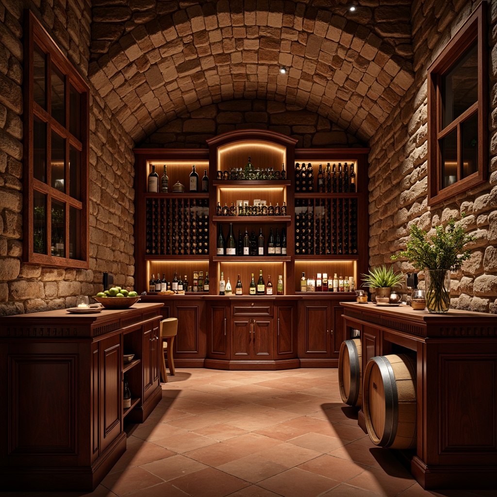 Prompt: Luxurious wine cellar, rich wood tones, dark walnut shelves, dimly lit ambiance, warm golden lighting, earthy terracotta floors, rustic stone walls, elegant metal accents, vintage wine barrels, soft burgundy hues, deep crimson shades, velvety smooth textures, ambient shadows, dramatic ceiling heights, ornate wooden cabinets, sophisticated color blocking, 1/2 composition, intimate atmosphere, realistic reflections.