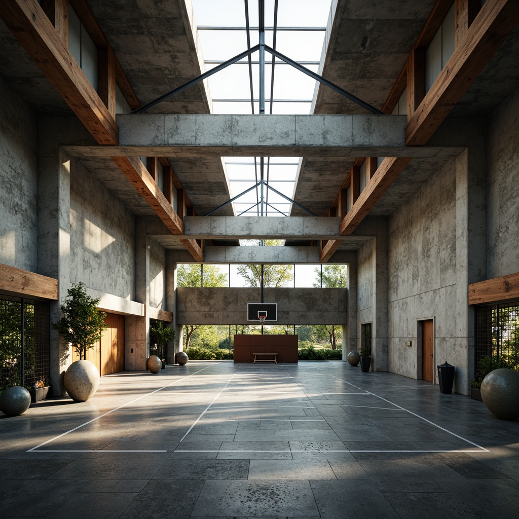 Prompt: Exposed concrete walls, rugged stone floors, industrial metal beams, raw wooden accents, brutalist architectural style, functional gym equipment, basketball hoops, sports mats, athletic tracks, natural light pouring in through clerestory windows, high ceilings, dramatic shadows, intense contrasting lighting, 1/1 composition, symmetrical framing, gritty realistic textures, ambient occlusion.