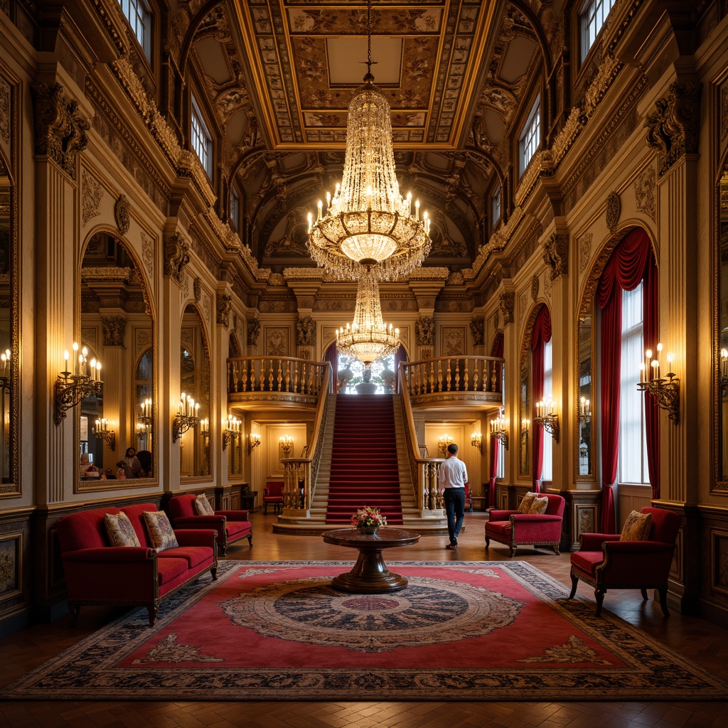 Prompt: Grandiose palace, opulent furnishings, intricate carvings, gilded ornaments, ornate mirrors, lavish chandeliers, rich velvet fabrics, majestic staircases, sweeping archways, dramatic lighting, warm golden hues, soft focus, shallow depth of field, 2/3 composition, symmetrical balance, highly detailed textures, ambient occlusion.