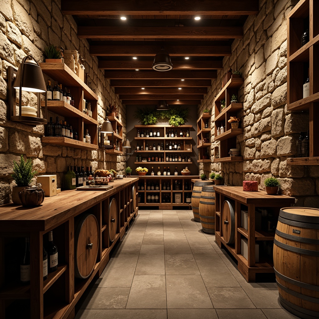 Prompt: Rustic wine cellar, craftsman style shelving, wooden crates, vintage wine barrels, dim warm lighting, earthy stone walls, reclaimed wood accents, metal lanterns, wooden wine racks, intricate carvings, rich leather furnishings, dark-stained wood, ornate ironwork, soft warm glow, shallow depth of field, 1/1 composition, realistic textures, ambient occlusion.