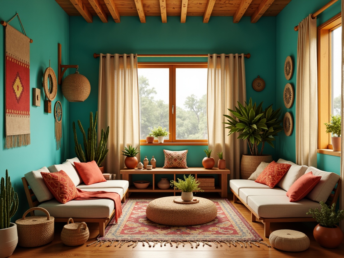 Prompt: Vibrant turquoise walls, warm beige flooring, rustic wooden furniture, woven Native American-inspired textiles, colorful woven baskets, playful cactus decorations, whimsical dreamcatchers, sunny yellow accents, soft sandy-beige curtains, natural linen fabrics, earthy terracotta pots, lively coral-hued accessories, Southwestern-style geometric patterns, cozy reading nook, warm golden lighting, shallow depth of field, 1/1 composition, realistic textures, ambient occlusion.