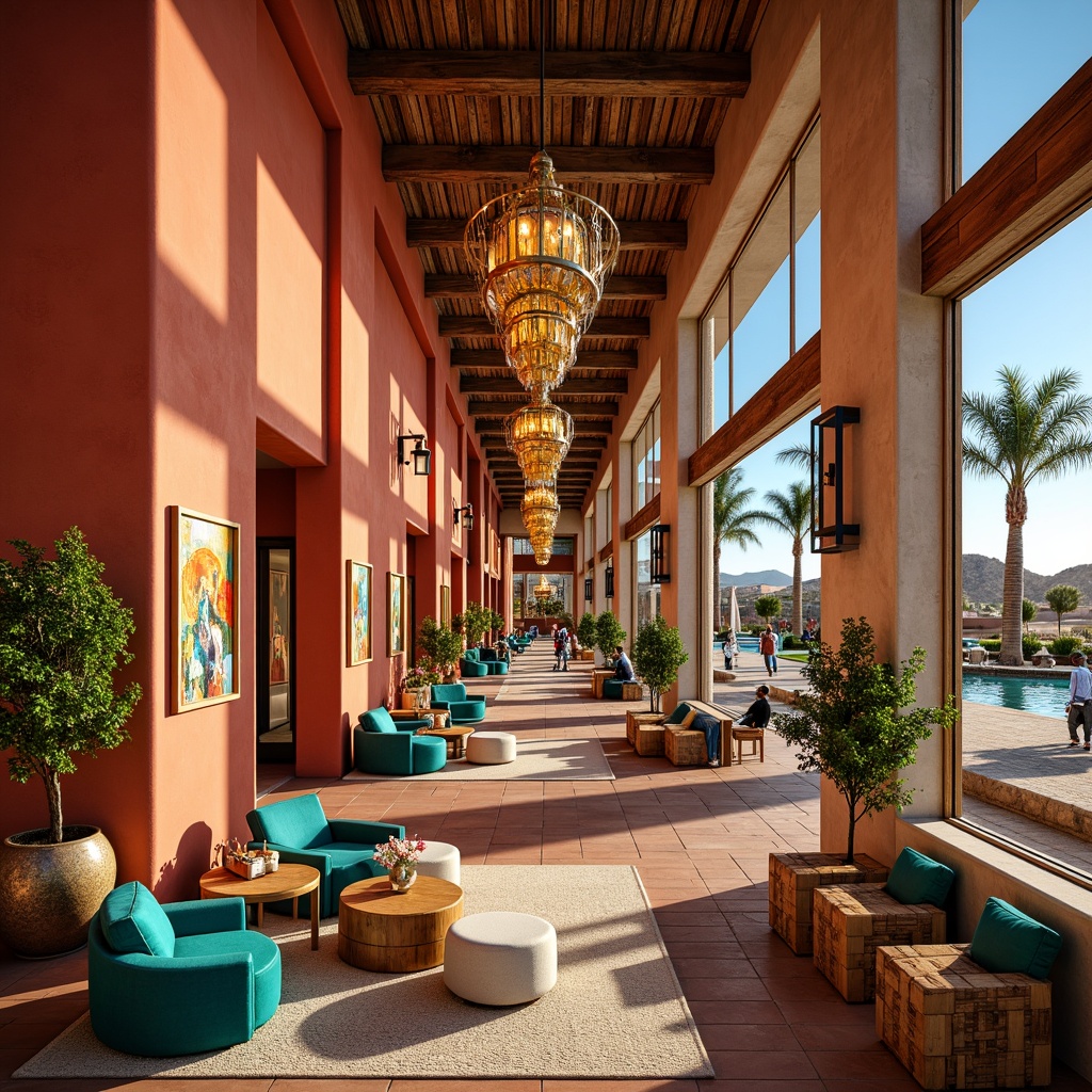 Prompt: Vibrant southwestern casino, turquoise accents, warm terracotta walls, rustic wooden beams, bold geometric patterns, rich velvet fabrics, luxurious golden lighting, glamorous crystal chandeliers, spacious high ceilings, lavish fountains, tropical palm trees, desert landscape views, warm sandy dunes, clear blue skies, dramatic sunsets, vibrant coral hues, deep turquoise pools, modern abstract artwork, metallic copper details, natural stone floors, plush cream-colored carpets, ornate ironwork, festive pi\u00f1ata decorations.