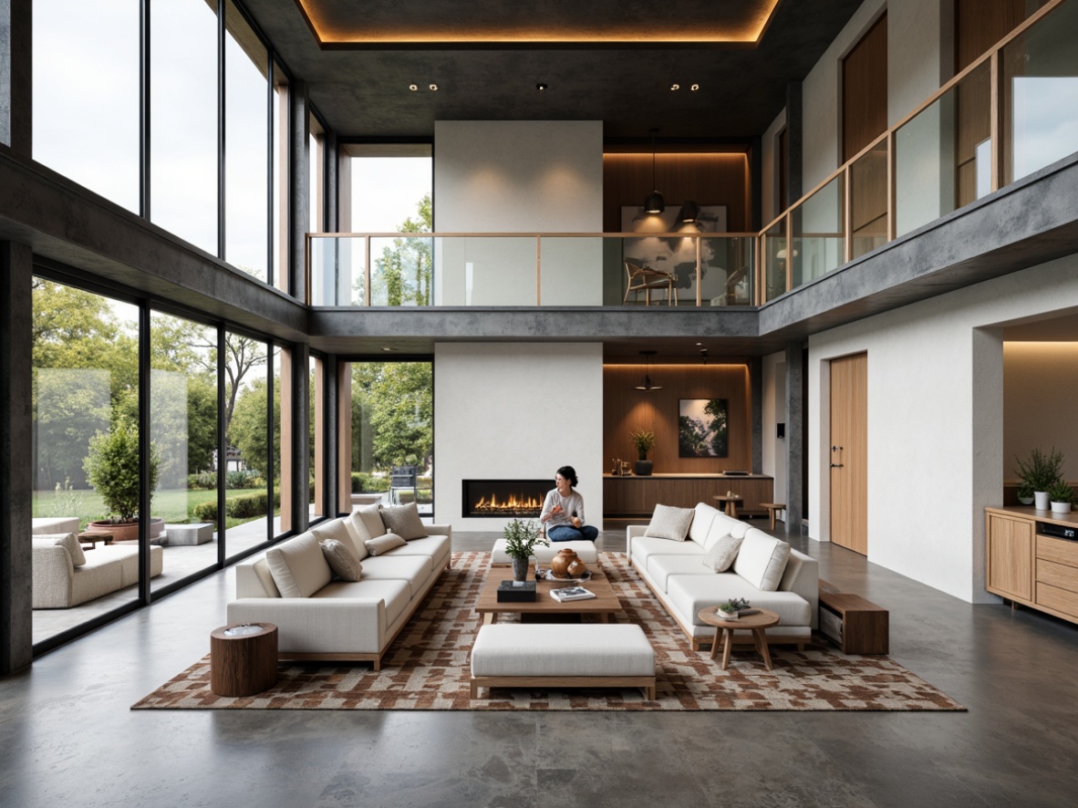 Prompt: Open-plan living area, high ceilings, minimalist decor, natural light, floor-to-ceiling windows, sliding glass doors, polished concrete floors, industrial-chic metal beams, cozy reading nooks, sleek low-profile furniture, modern sectional sofas, geometric-patterned rugs, pendant light fixtures, soft warm lighting, shallow depth of field, 1/1 composition, panoramic view, realistic textures, ambient occlusion.