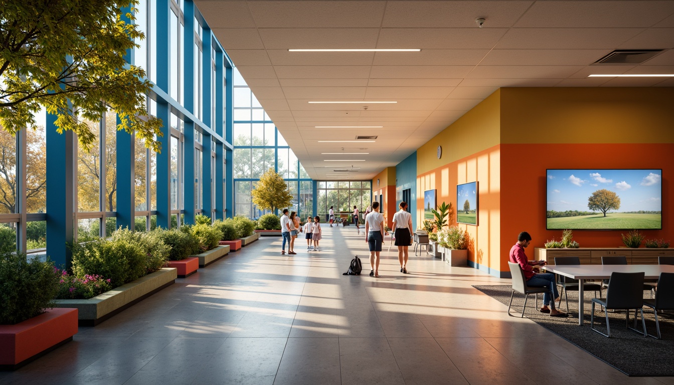 Prompt: Vibrant school corridors, warm LED lighting, natural daylight, soft diffused glow, suspended ceiling lamps, energy-efficient fixtures, colorful accent walls, stimulating classroom environments, interactive display screens, collaborative learning spaces, flexible furniture layouts, abundant greenery, calming color schemes, subtle texture variations, 1/1 composition, shallow depth of field, realistic material rendering.