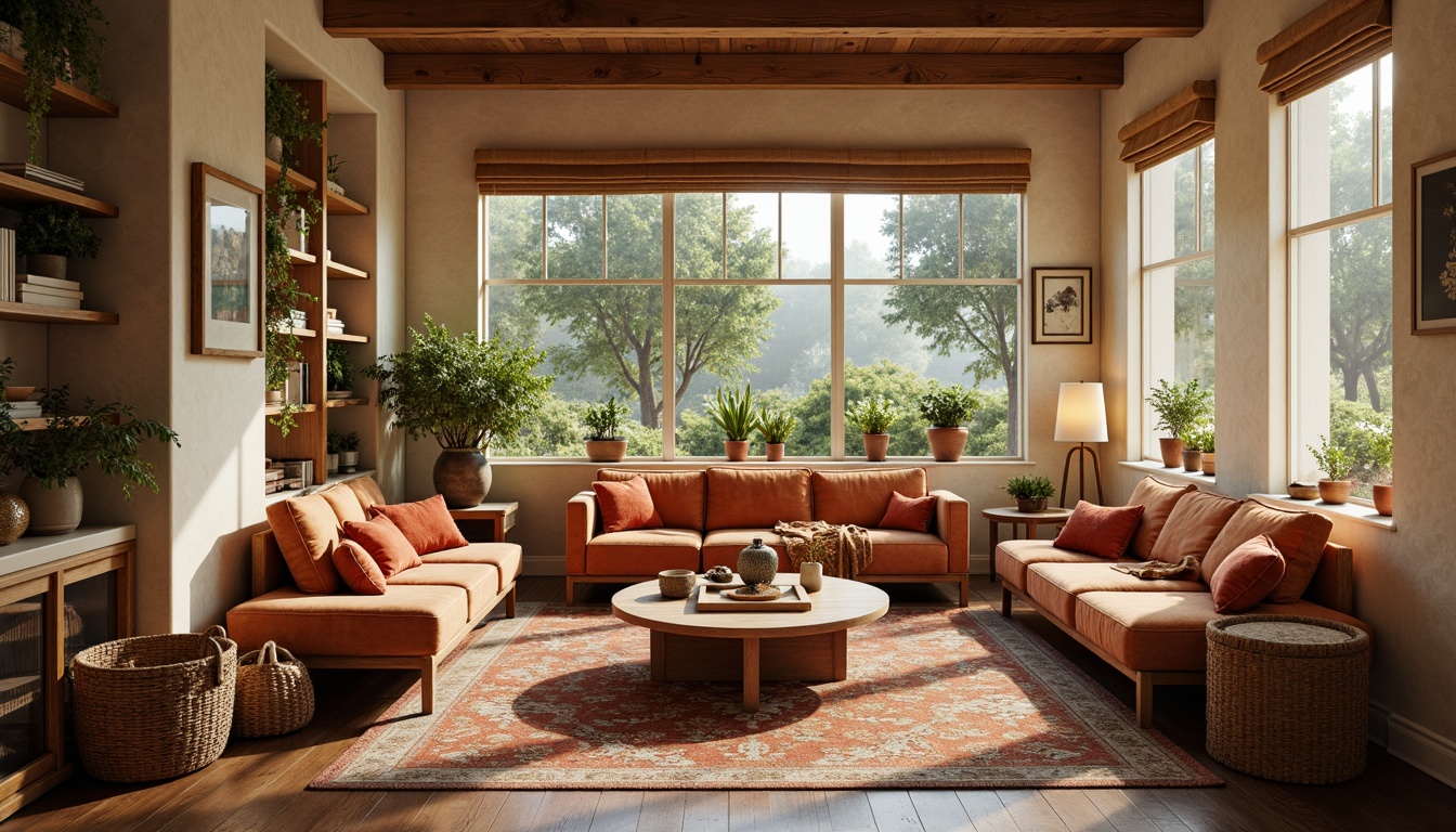 Prompt: Cozy living room, plush throw blankets, soft velvet sofas, patterned rugs, woven baskets, warm beige walls, large windows, natural light, comfortable reading nooks, floor lamps, ambient lighting, 1/1 composition, shallow depth of field, realistic textures, luxurious fabrics, subtle sheen, intricate embroidery, vibrant colorful accents.