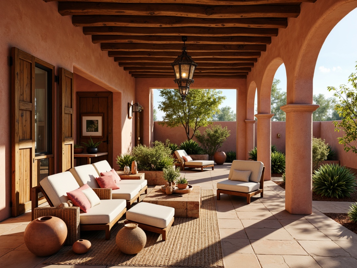 Prompt: Southwestern-style adobe architecture, warm earthy tones, rustic wooden accents, vibrant turquoise and coral hues, desert botanicals, cacti and succulents, woven textiles, geometric patterns, warm golden lighting, pendant lanterns, wrought iron chandeliers, terracotta pottery, natural fiber shades, distressed wood beams, earthy ceramics, sun-kissed patios, warm ambient glow, soft warm light, 1/1 composition, shallow depth of field.