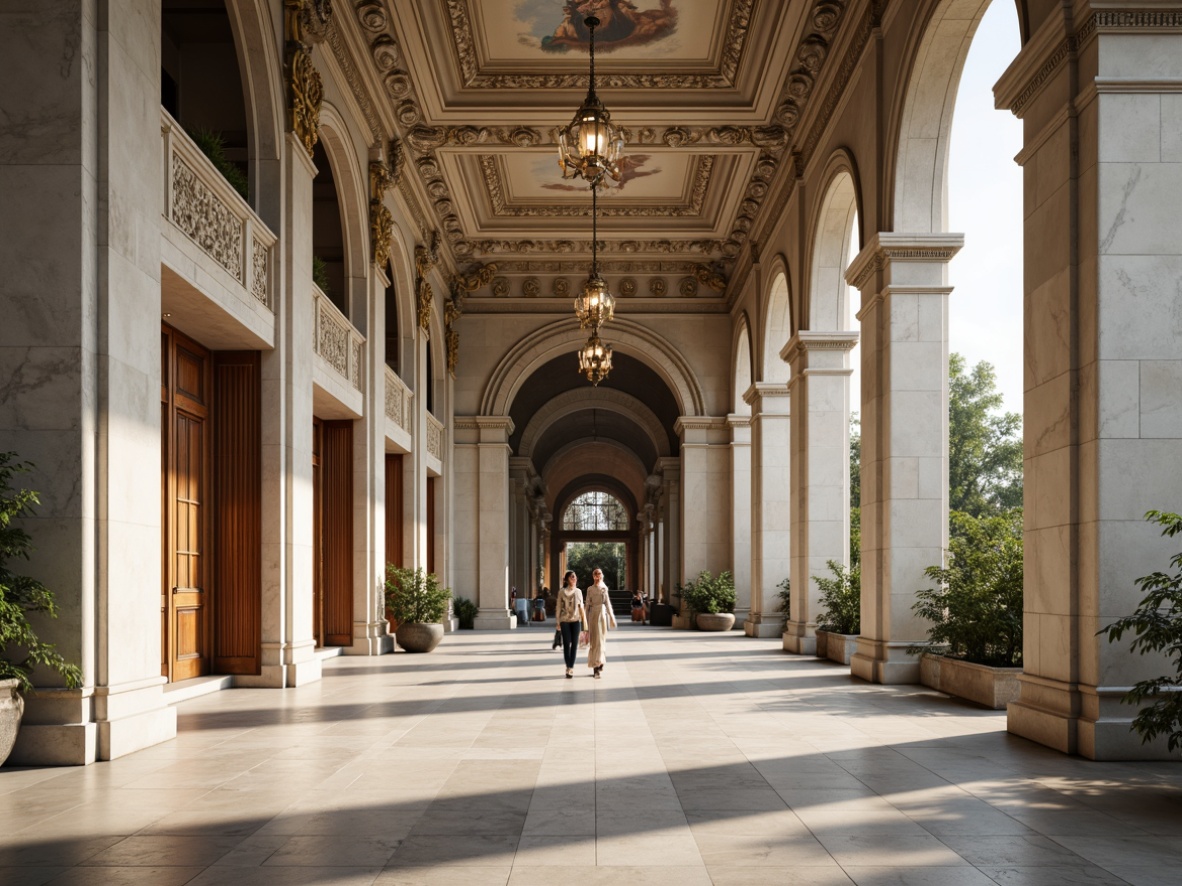 Prompt: Elegant neoclassical building, ornate columns, carved stone details, grand entrance, symmetrical facade, muted earth tones, creamy whites, soft grays, rich gold accents, subtle cream marble, intricate fresco ceilings, ornate chandeliers, luxurious velvet drapes, refined wood paneling, classic Roman arches, subtle warm lighting, shallow depth of field, 2/3 composition, atmospheric perspective, realistic textures, ambient occlusion.