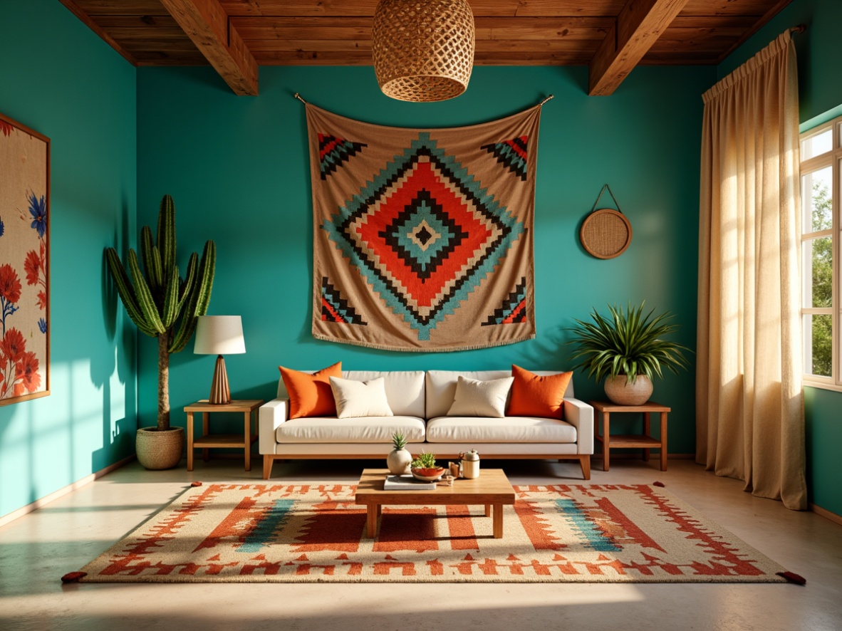 Prompt: Vibrant turquoise walls, cactus-shaped lamp, woven basket pendant light, rustic wooden ceiling, warm beige flooring, colorful Navajo-inspired rug, plush desert-themed pillows, Southwestern-style tapestry, sandy beige curtains, natural woven fibers, sunny afternoon lighting, soft warm glow, shallow depth of field, 1/1 composition, realistic textures, ambient occlusion.