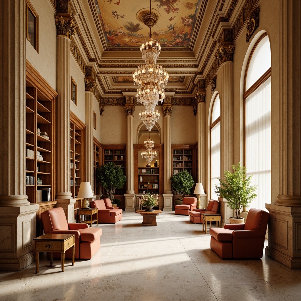 Prompt: Elegant library interior, neoclassical architecture style, warm beige walls, rich walnut wood accents, ornate moldings, grand chandeliers, comfortable reading nooks, plush velvet armchairs, soft golden lighting, subtle cream-colored marble floors, intricate fresco ceilings, classic bookshelves, leather-bound tomes, serene atmosphere, natural stone columns, subtle warm color palette, earthy tones, muted pastels, soft brushstrokes, realistic textures, ambient occlusion, shallow depth of field, 3/4 composition, panoramic view.